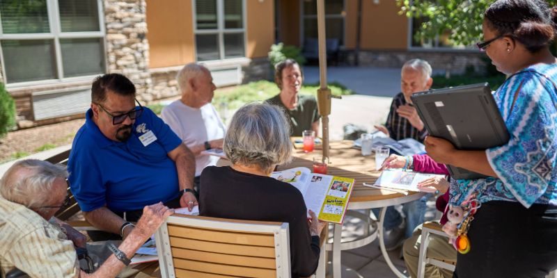 Sunny Vista Senior Living Community in Colorado Springs, CO - life enrichment with memory care residents landscape